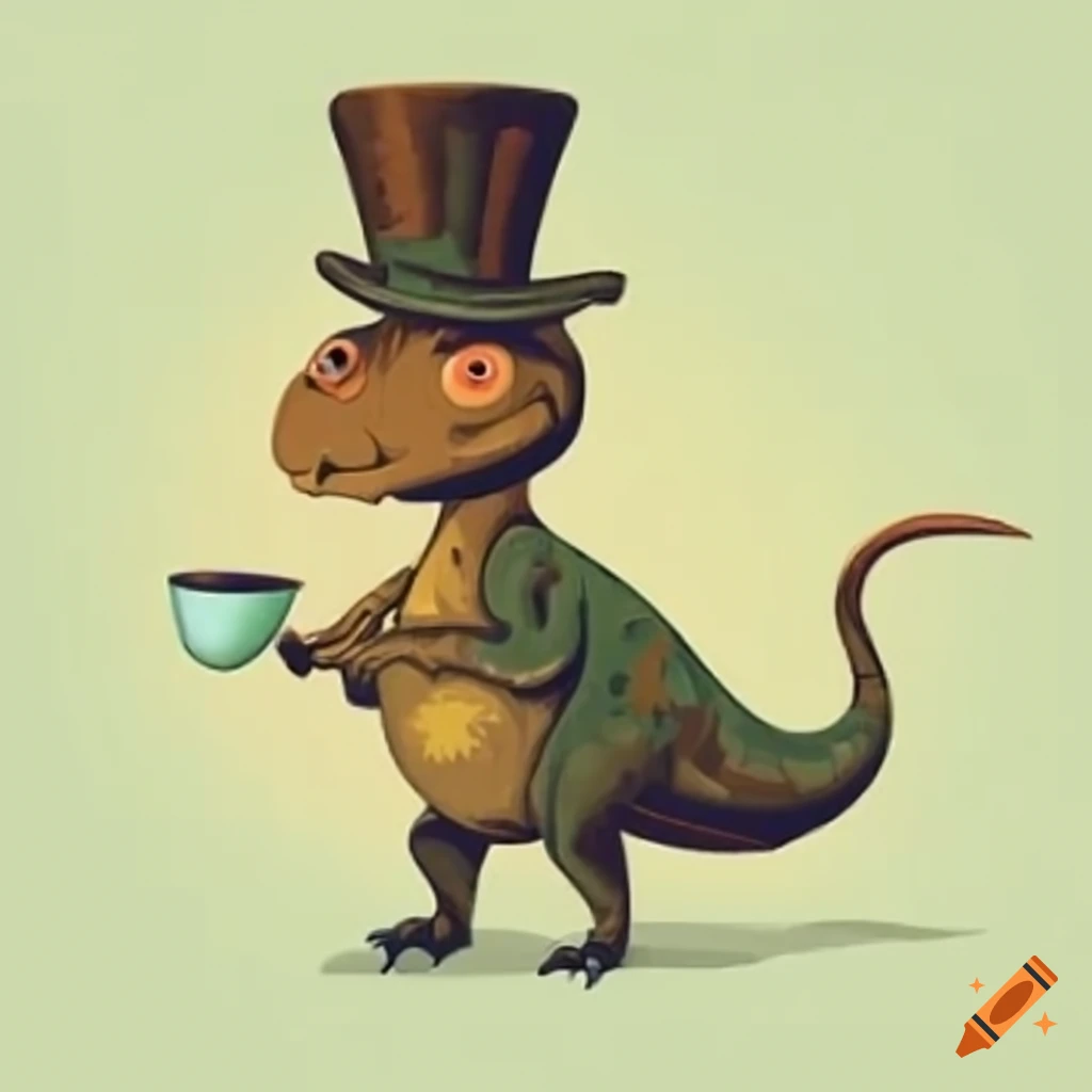 Dinosaur aristocrat with a top hat drinking tea on Craiyon
