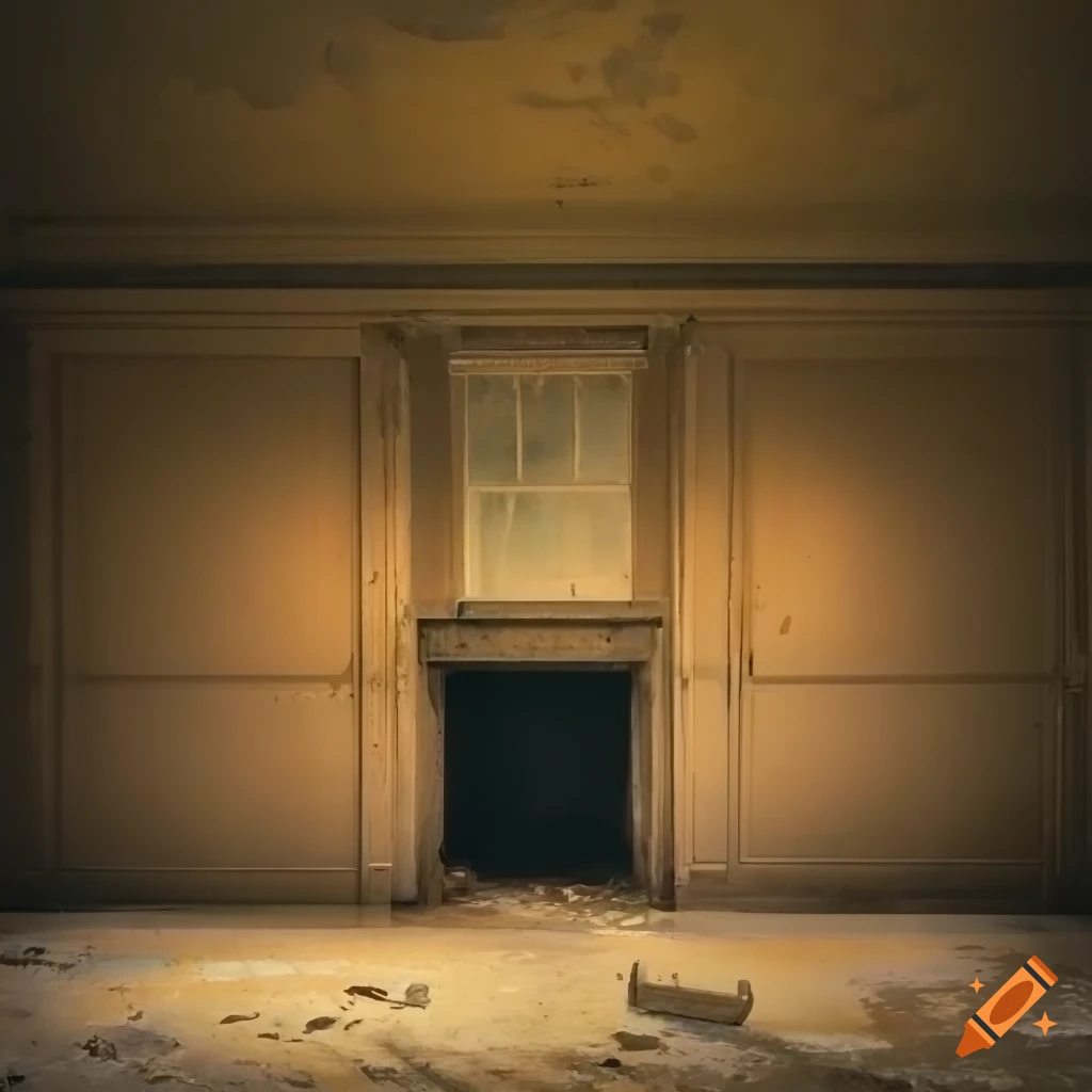 Abandoned flooded basement room with built-in cabinets and narrow windows