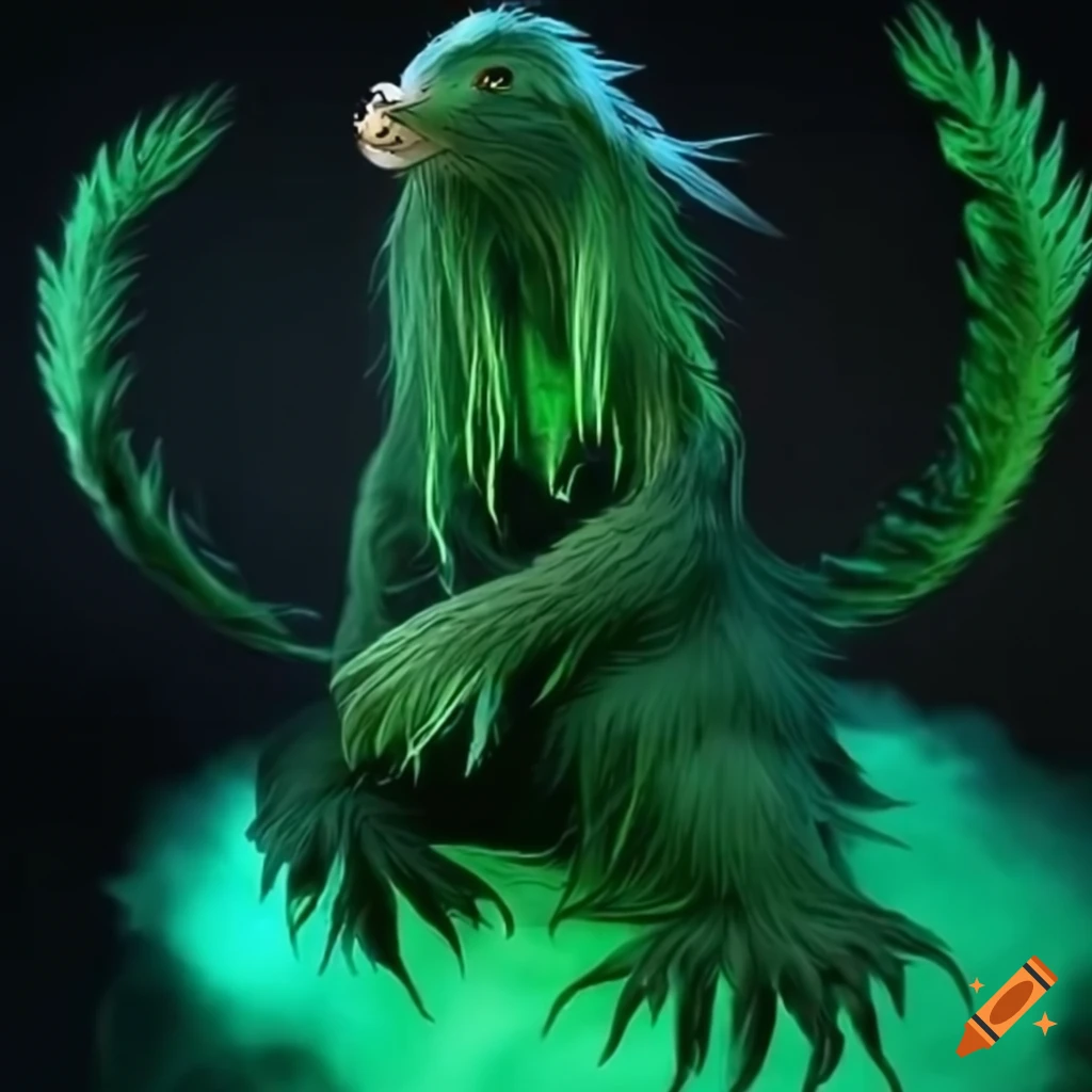 Miyazaki-style spirit guardian with green glowing skunk and integrated marijuana leaves