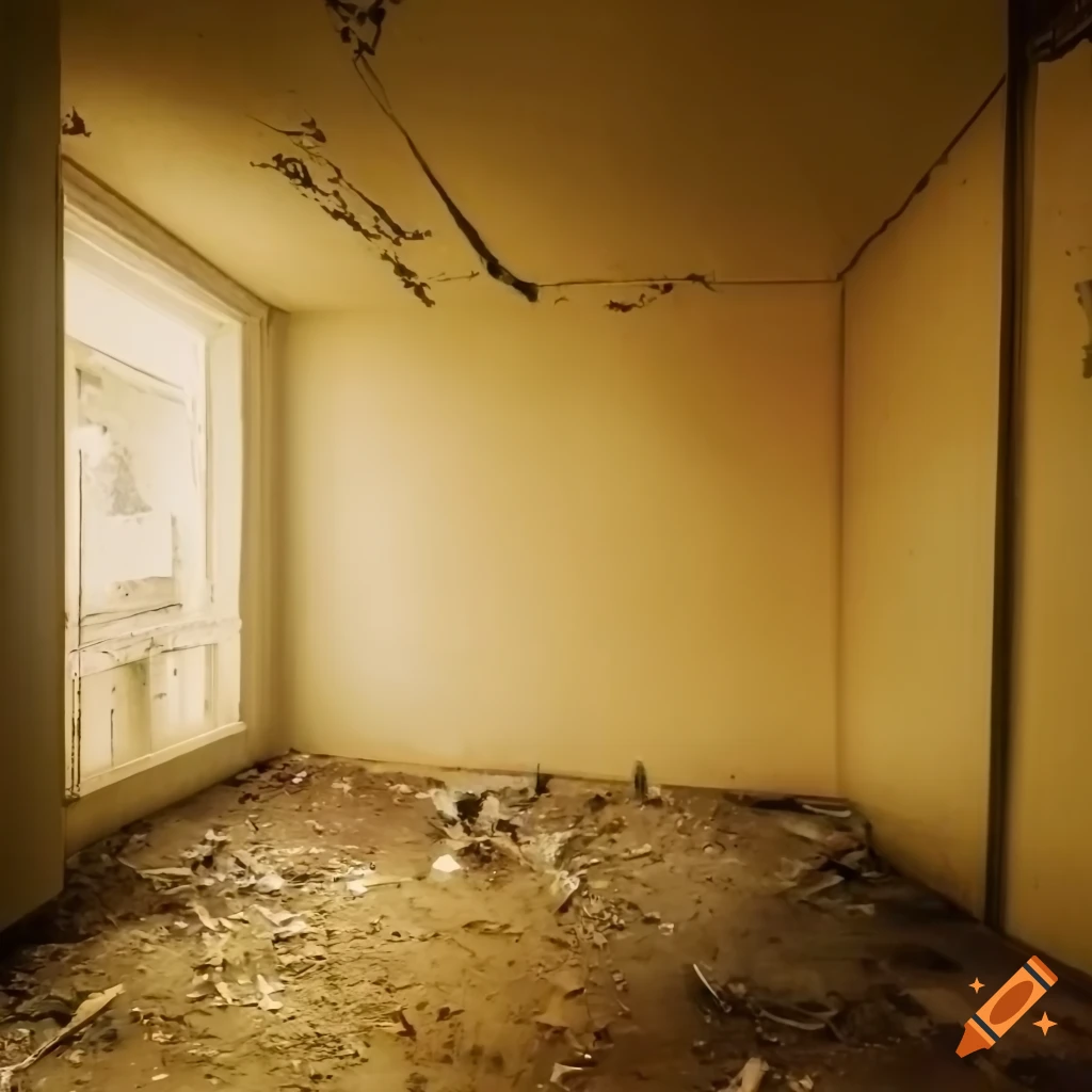 Abandoned flooded basement room with built-in cabinets and shelves, narrow windows, and pale pastel colors