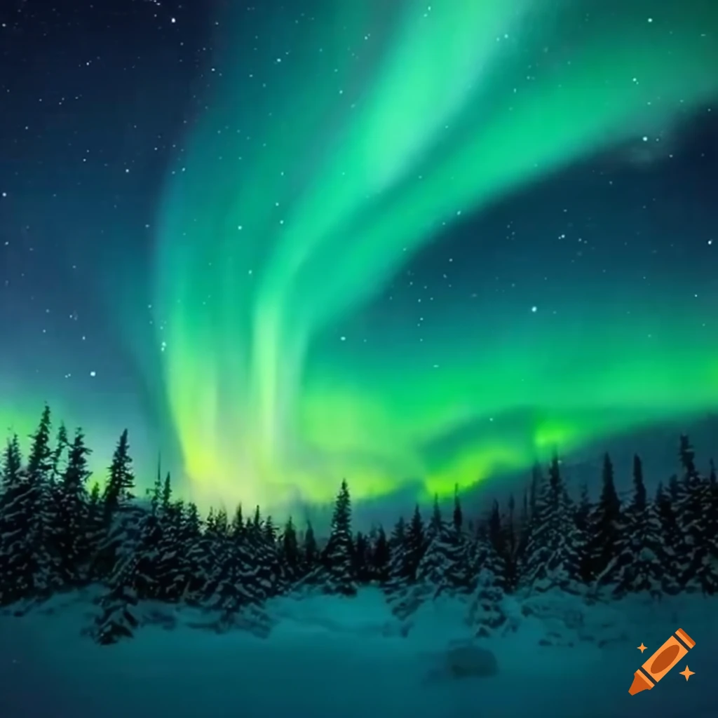 Aurora borealis above a snowy Alaskan forest