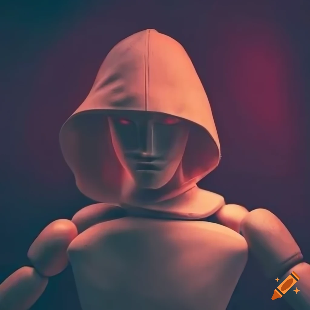 Male mannequin with hood and red glowing eyes on dark background