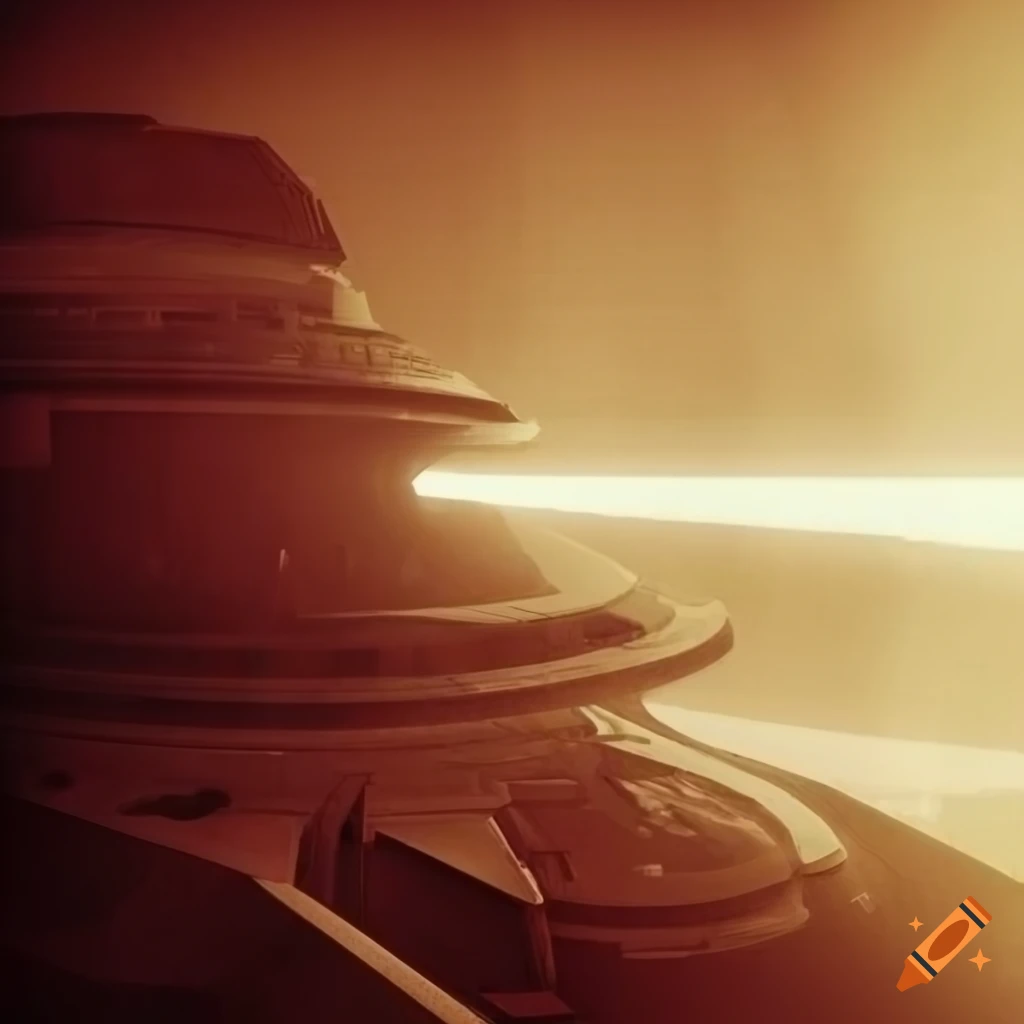 Sci-fi military citadel-class spaceship in sepia tones