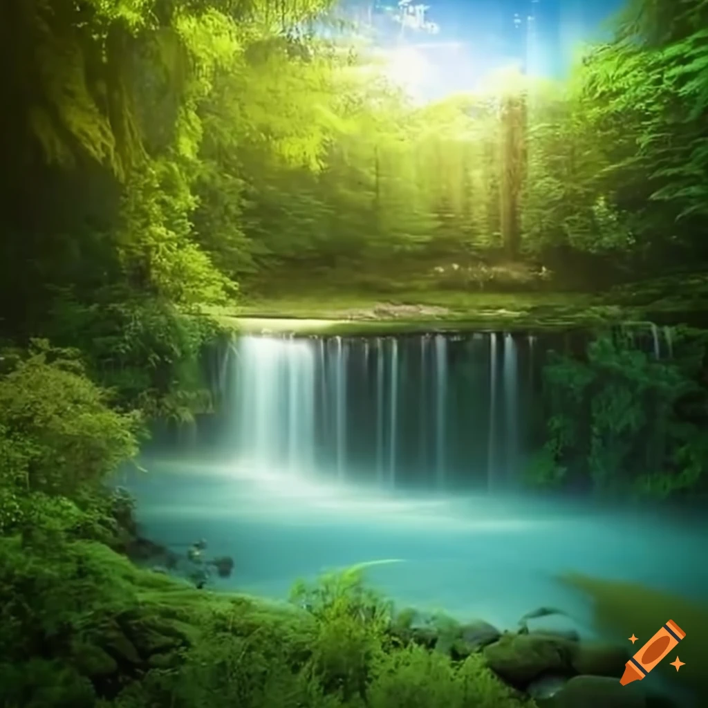 Serene landscape with lush greenery and a sparkling waterfall on Craiyon