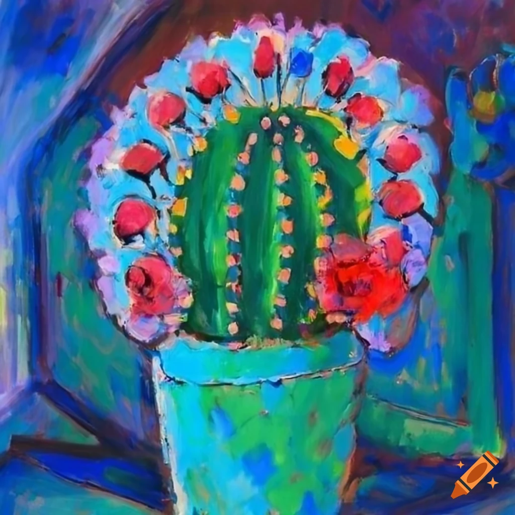Vibrant still life artwork of round bright cactus in a pot with a blue tint