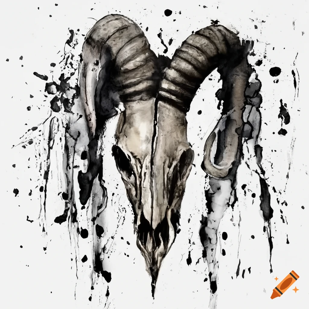 Goat skull, ink splash, and rose in black and white on white background