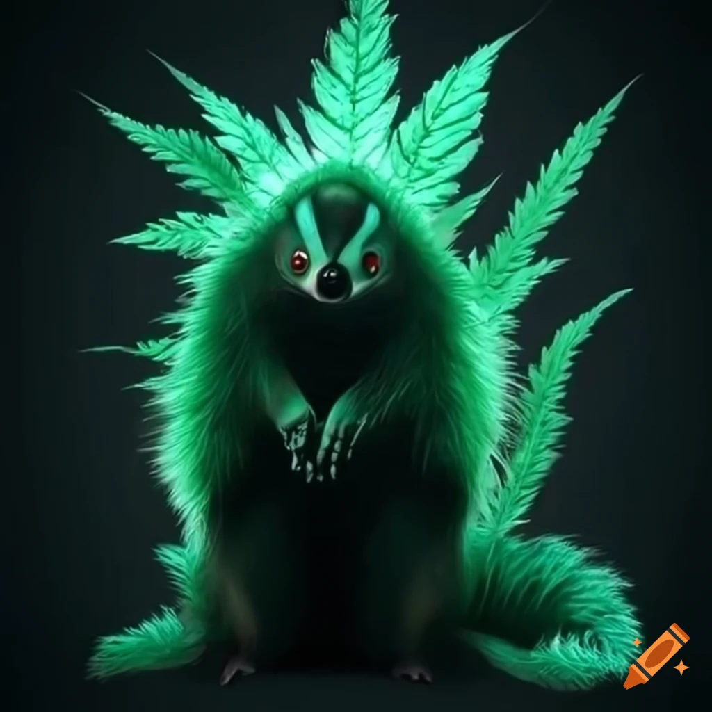 Miyazaki-style spirit guardian with green glowing skunk and integrated marijuana leaves