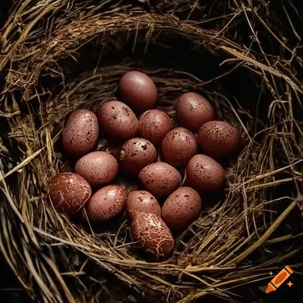 Dark brown and maroon speckled snake eggs in a dry grassy nest