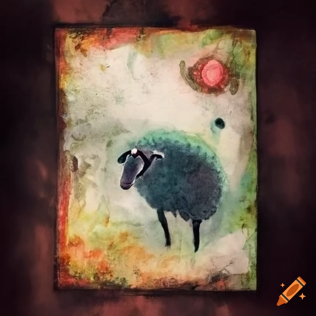 Hourglass with falling sheep in surrealist monoprint