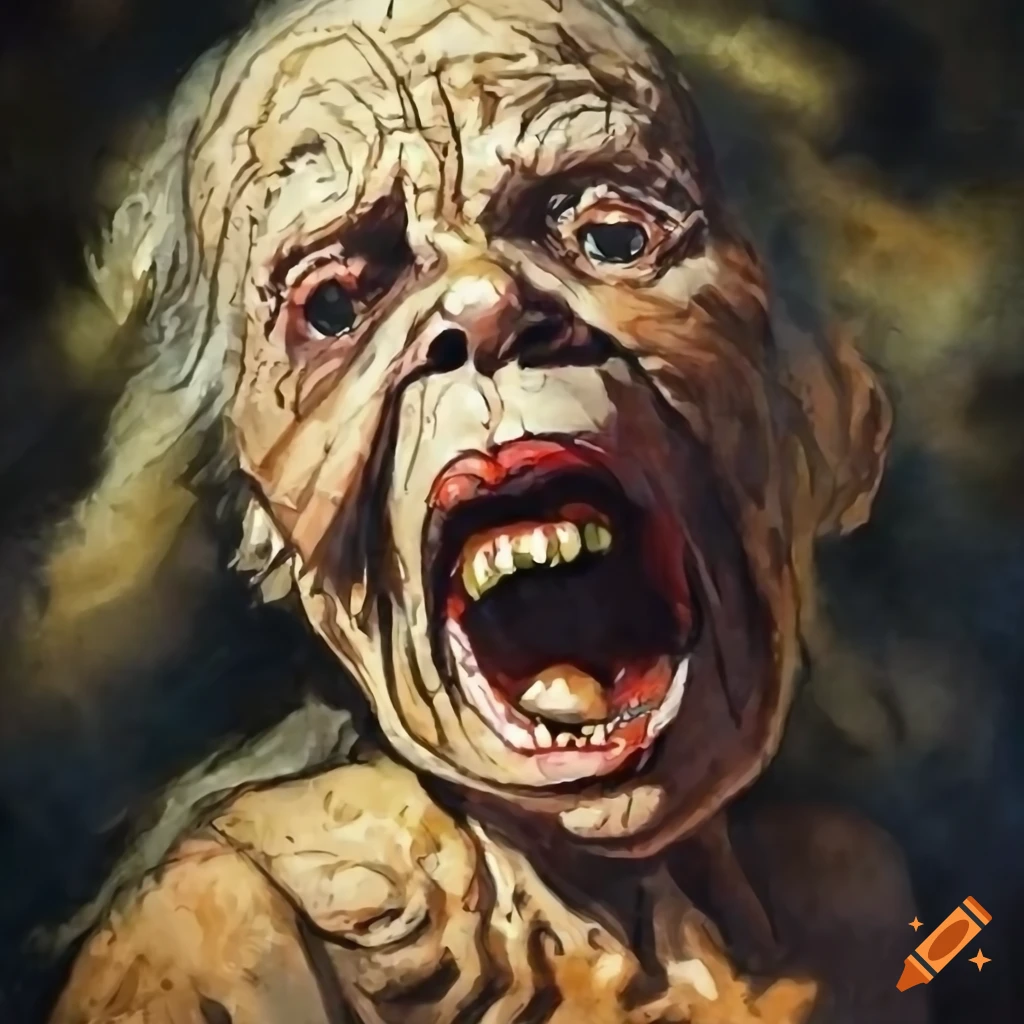 Transformation of an old woman into a werewolf in anguish, Frank Frazetta style