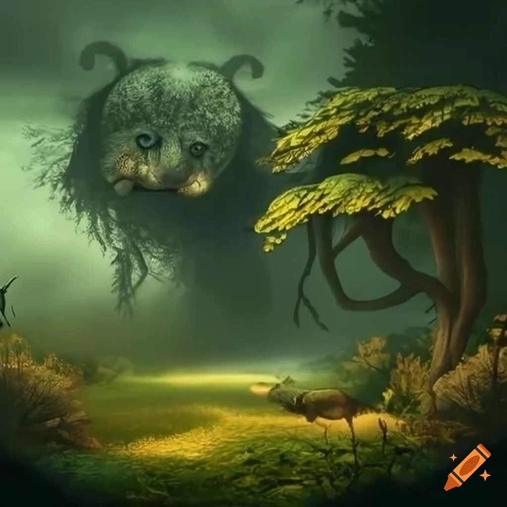Surreal and whimsical scene with animal mutants in a strange forest ...