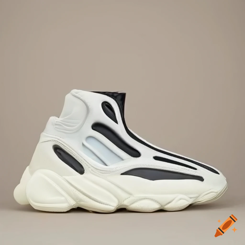 Side view of futuristic Yeezy 700 V3 Adidas ski boot slip-on sneaker on white background