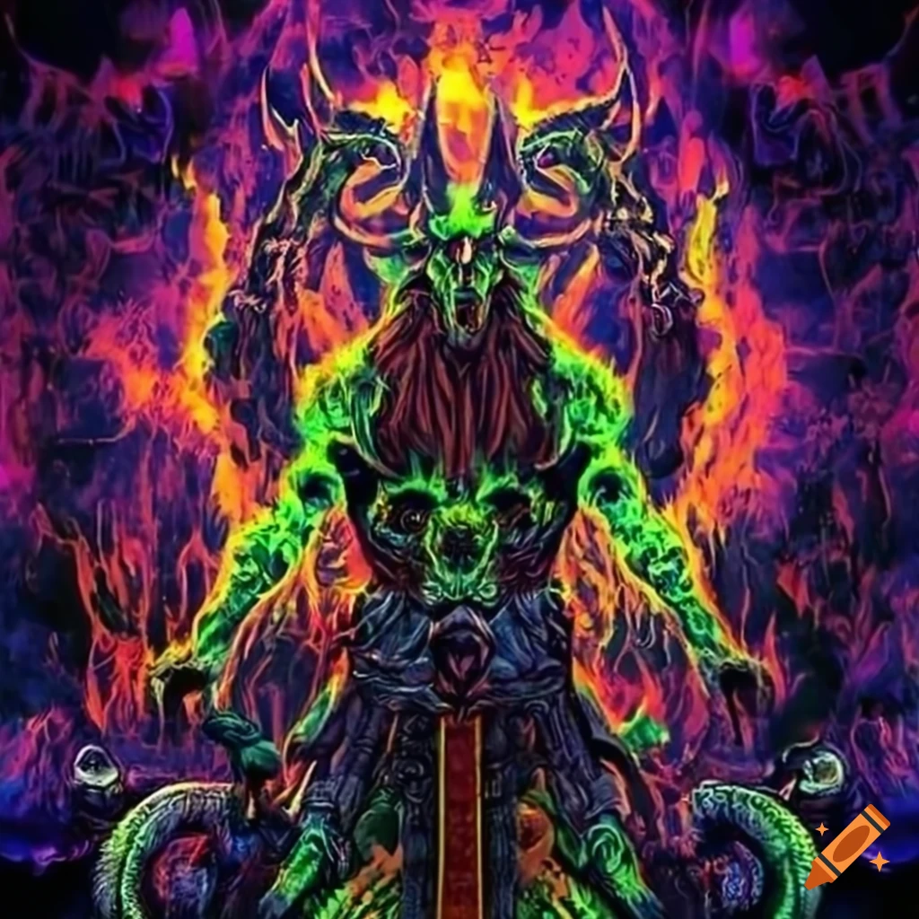 Blacklight art of a viking god in a hellscape