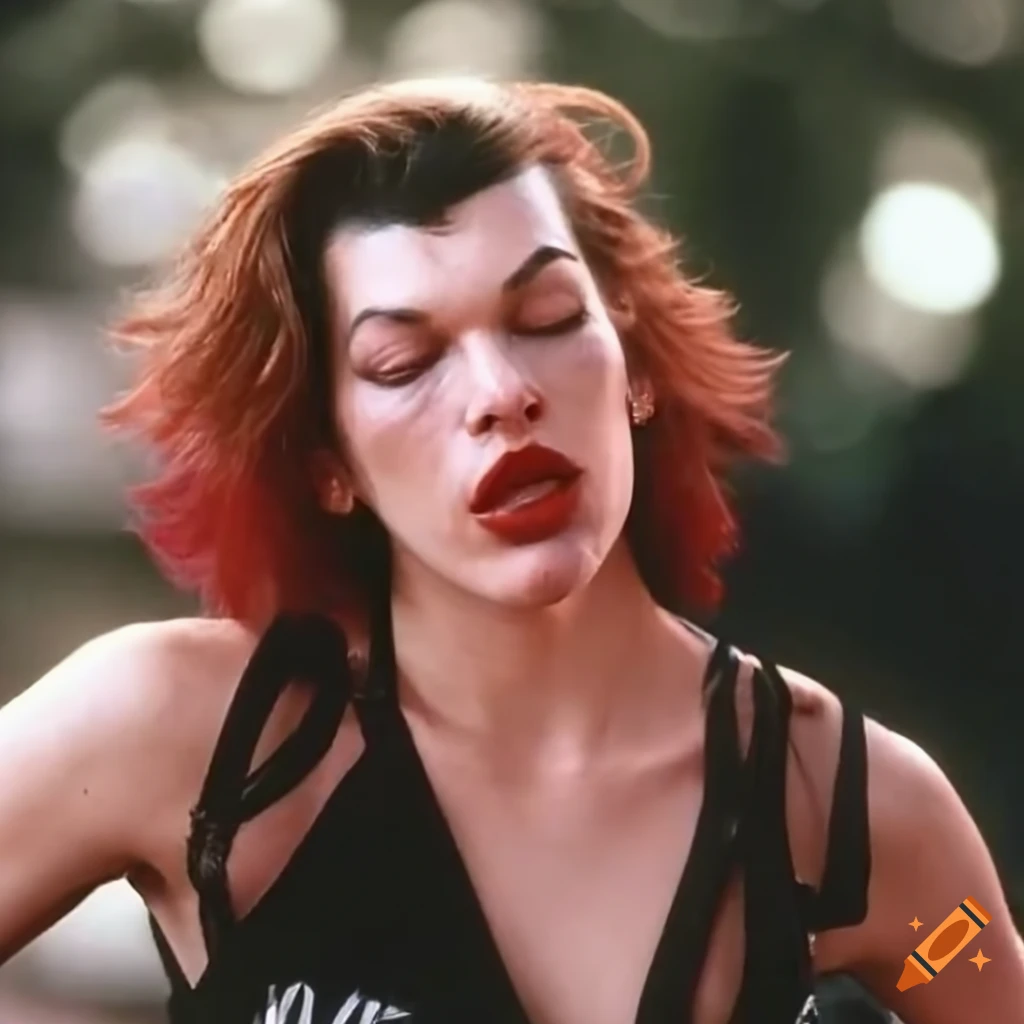 Milla Jovovich as a punk fighter in a 90s movie with a dizzy expression
