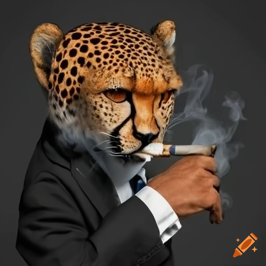 Cheetah in a suit smoking a cigar on Craiyon