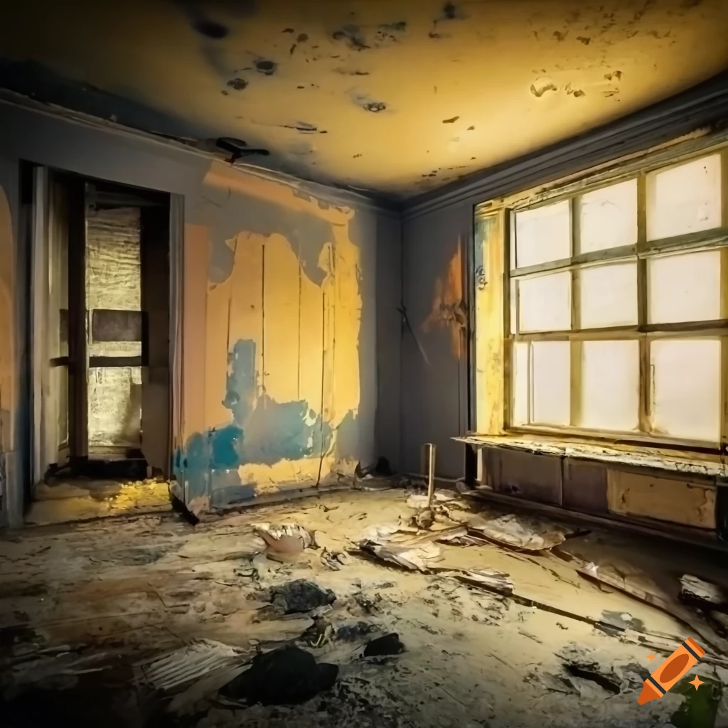 Abandoned flooded basement room with built-in cabinets and shelves, narrow windows, and pale pastel colors