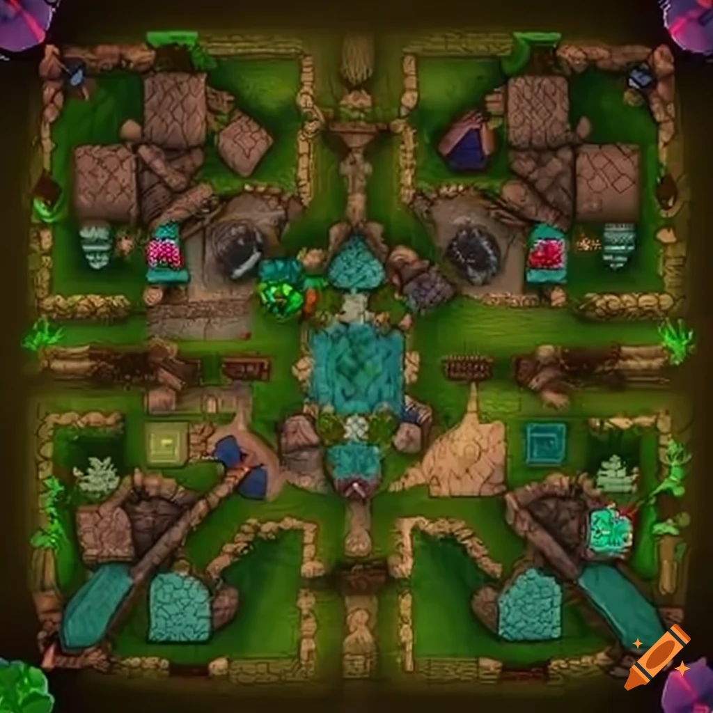 Top-down view of a fantasy forest level for real-time combat in a video game