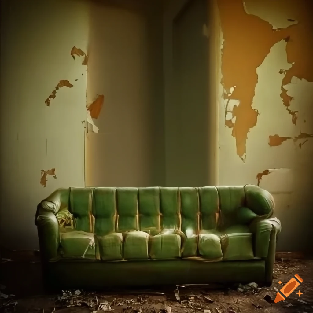 Abandoned room with peeling wallpaper, defaced painting, and destroyed ...