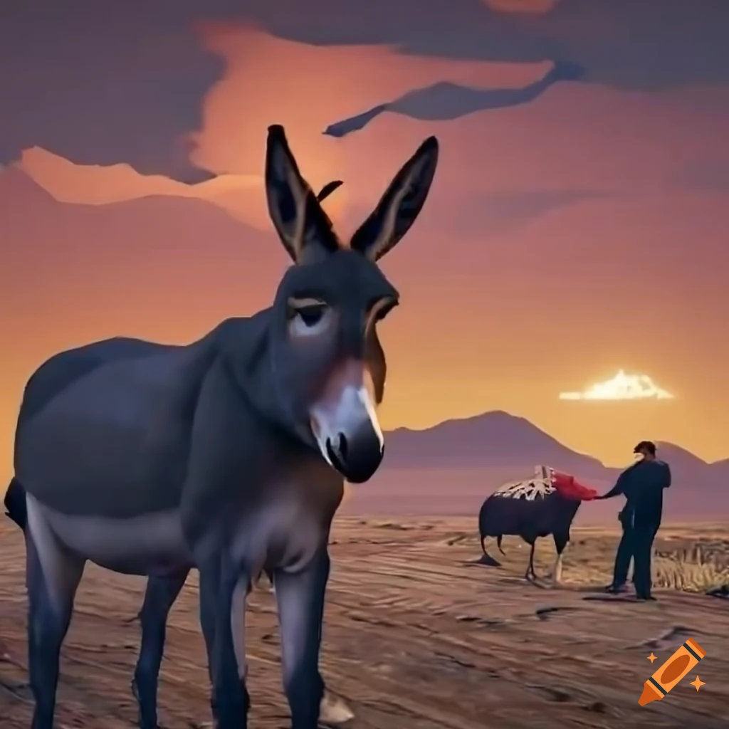Satirical image of Donald Trump watching a man feeding a donkey surrounded by chickens on a farm, in the style of GTA 5