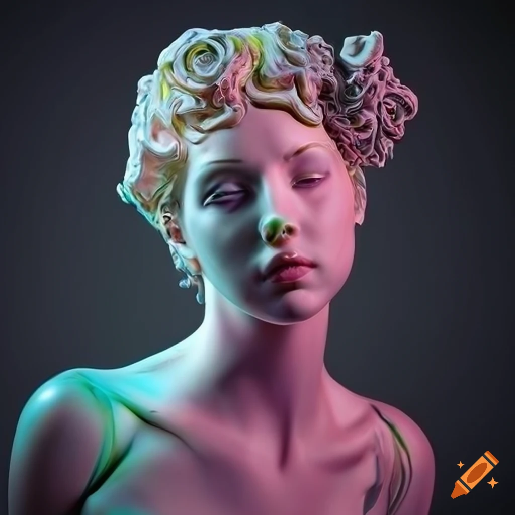 Sculpted random colored veined marble figures with opalescent lighting