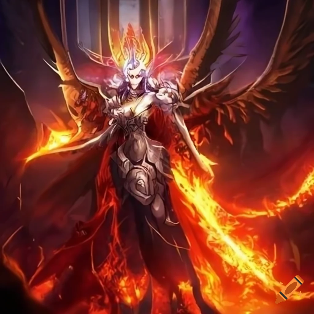 Anime-style depiction of an apocalyptic scene with archangel, queen ...