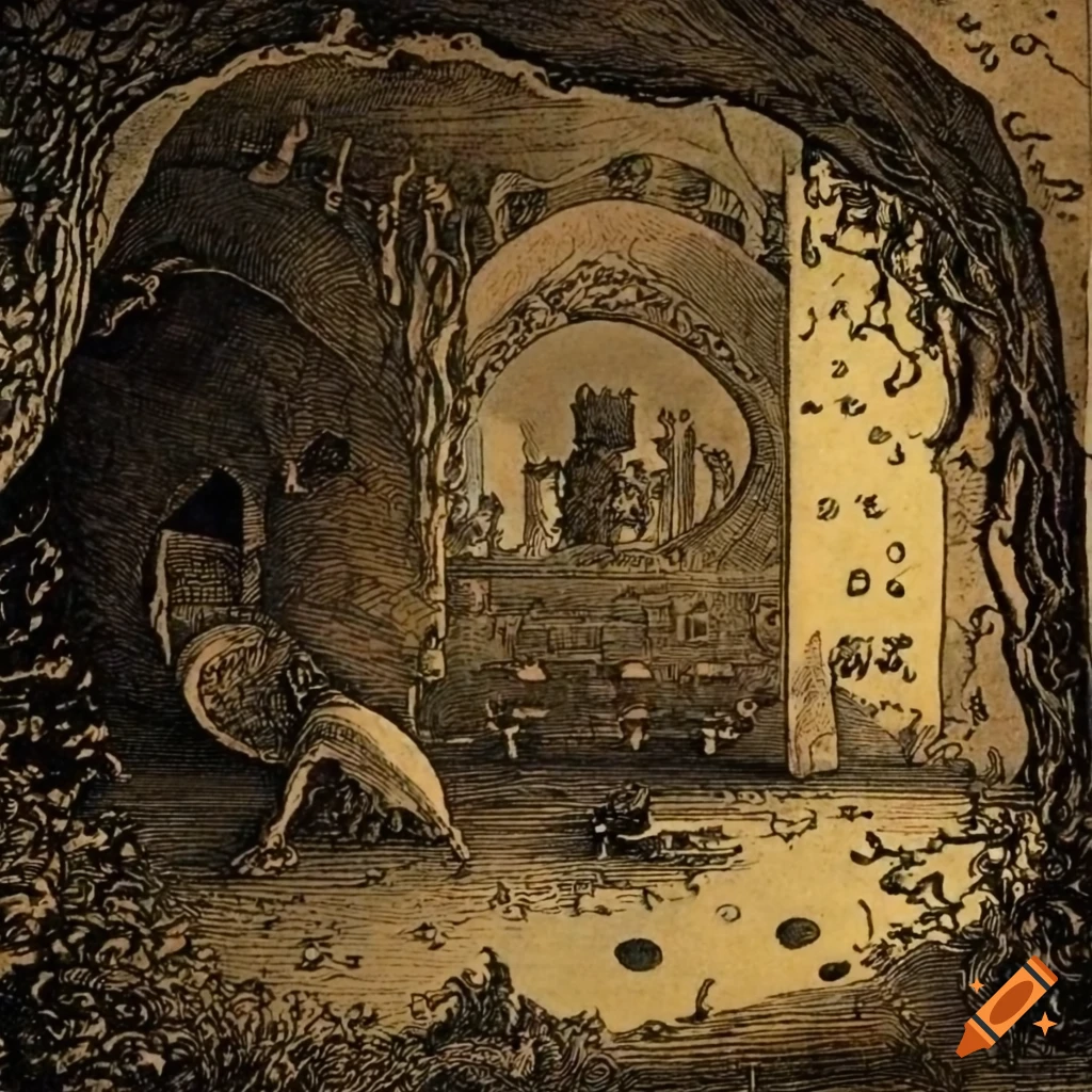 Tree beetle in a cave with intricate rooms and holes in 15th century style, inspired by Albrecht Durer and Escher