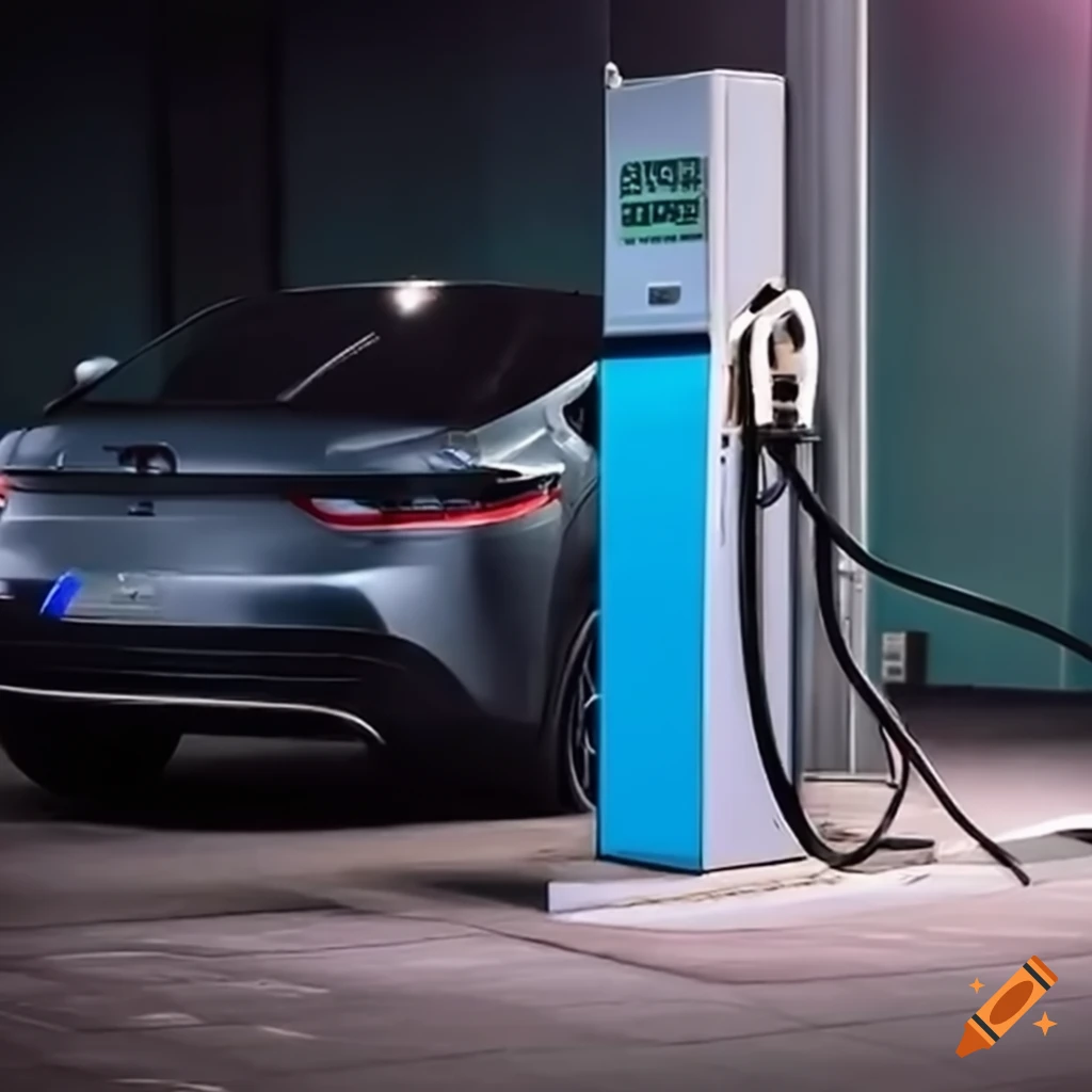 Modern electric vehicle parked and charging at a charging station
