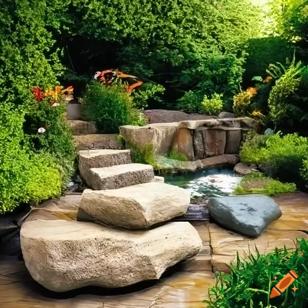 Sunken stone patio with boulders and steps next to koi pond on Craiyon