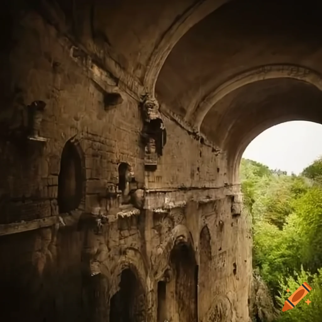 Giant hive hanging off a Roman style bridge