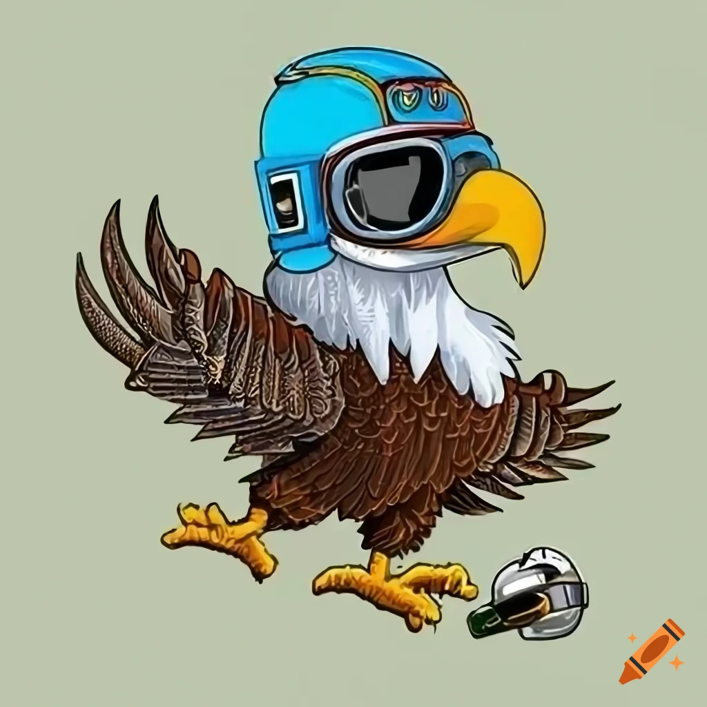 Cartoon flying bald eagle with aviator helmet and goggles wearing leather bomber jacket with naval aviation patch