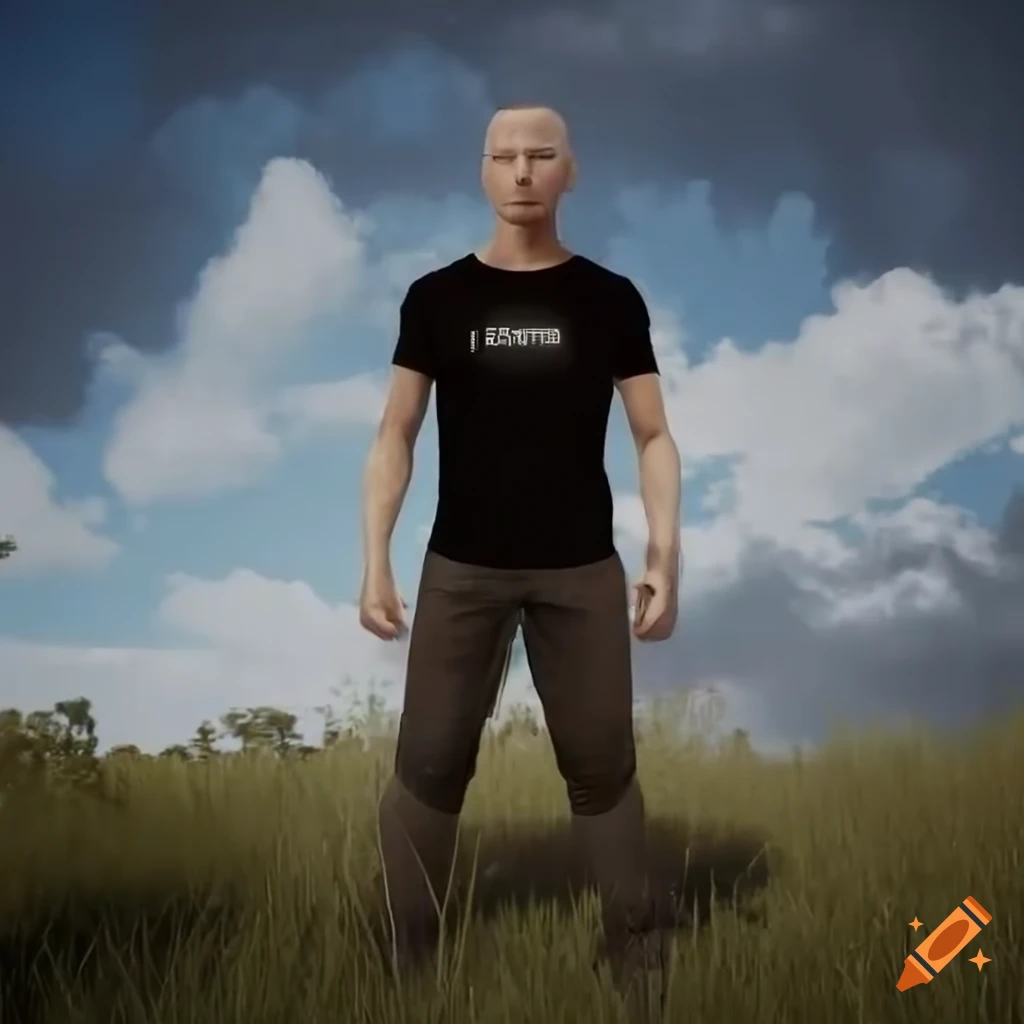 Sci-fi man in t-shirt and pants standing in meadow with Australian tree and cloudy sky