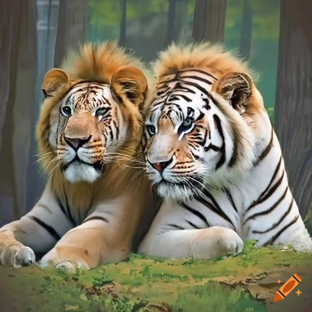Lion and white tiger together