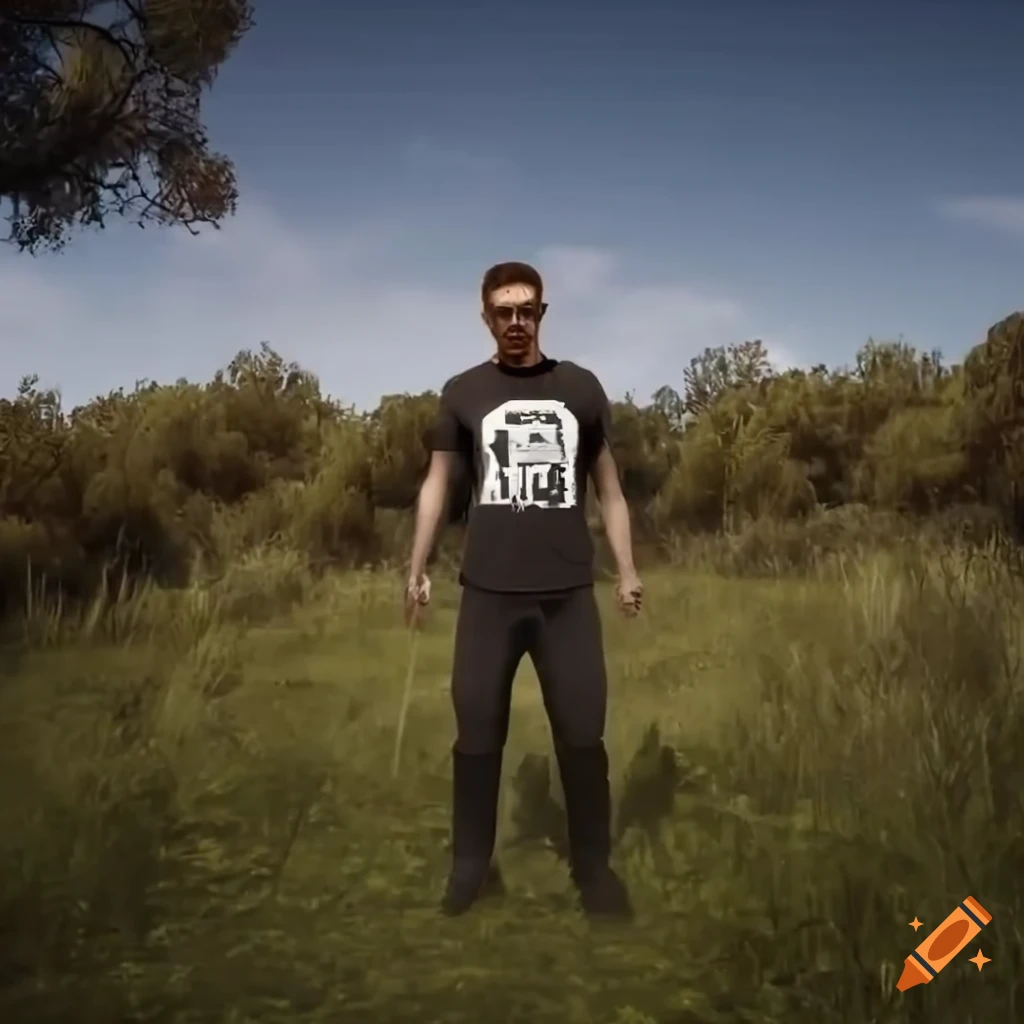 Sci-fi man in a meadow with Australian tree and cloudy sky