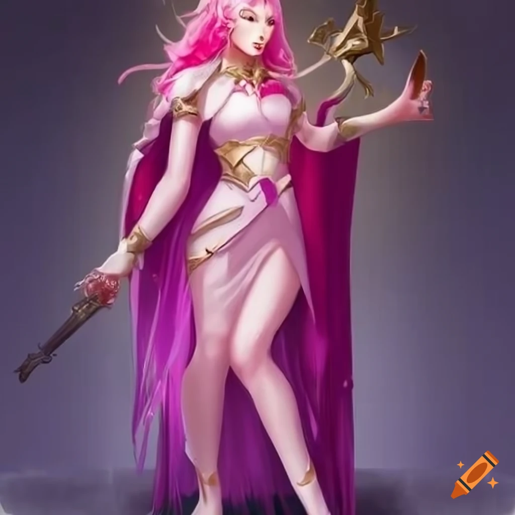Pink-haired woman with cat-like features portraying a cleric healer