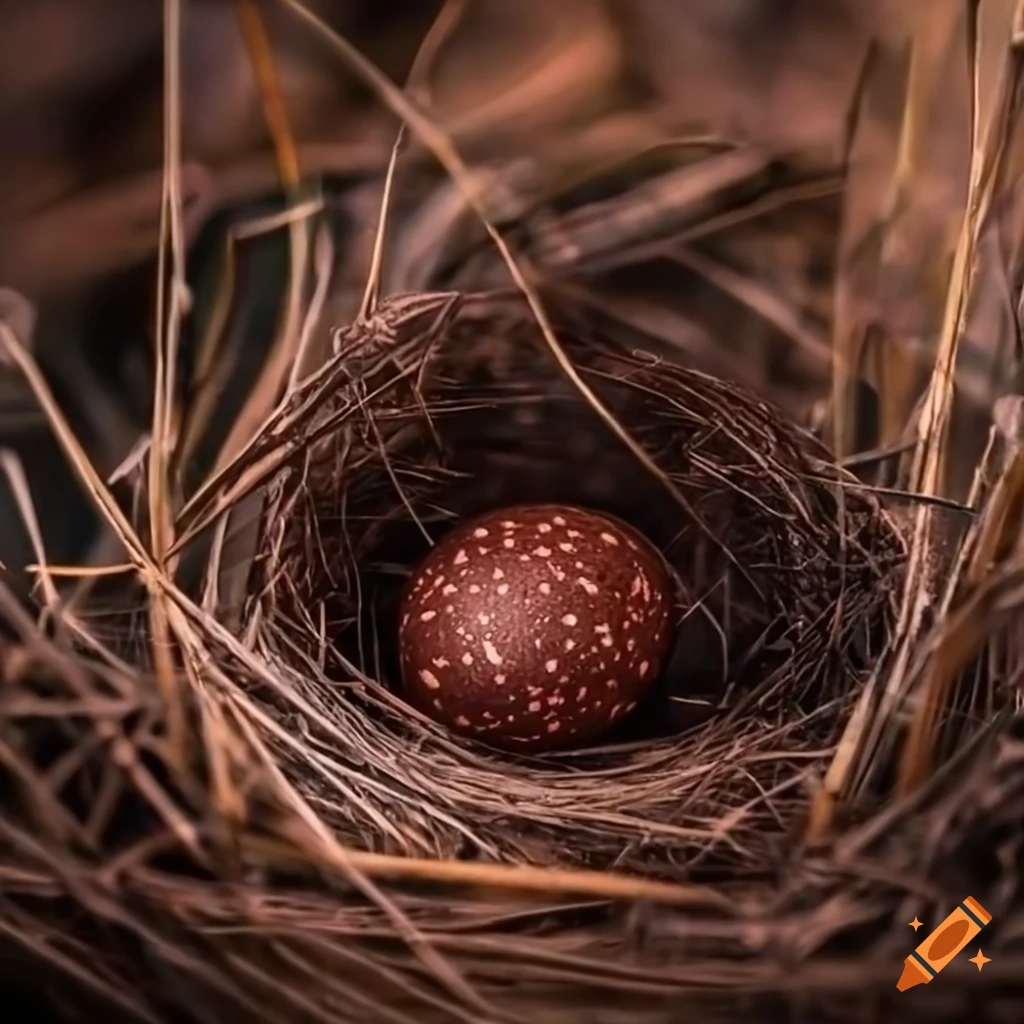 Spherical dark brown and maroon eggs in a dry grassy nest