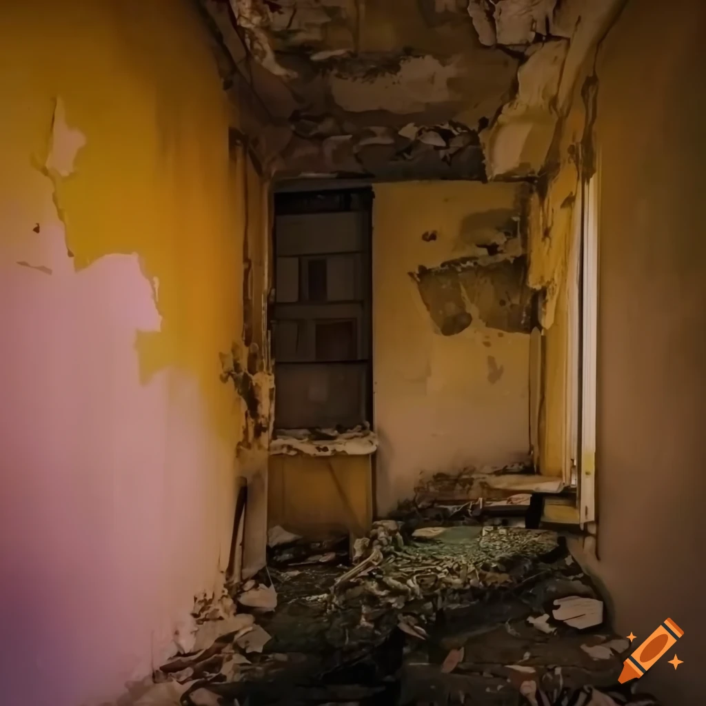 Abandoned flooded basement room with pale pastel colors and narrow windows