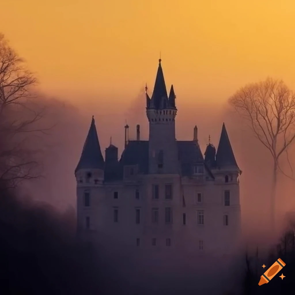 Spectral 17th-century French chateau surrounded by misty forests in warm sunset light