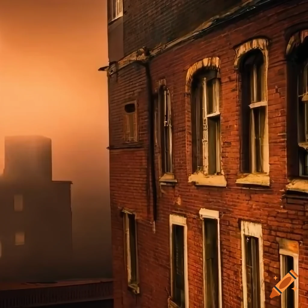 Close up of abandoned Victorian rooftops sinking into golden ocean surrounded by thick fog