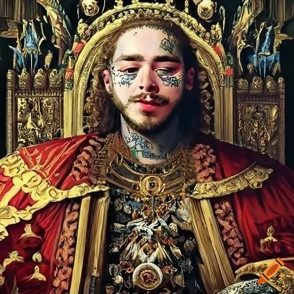 Post Malone depicted as a royal king in a renaissance oil painting
