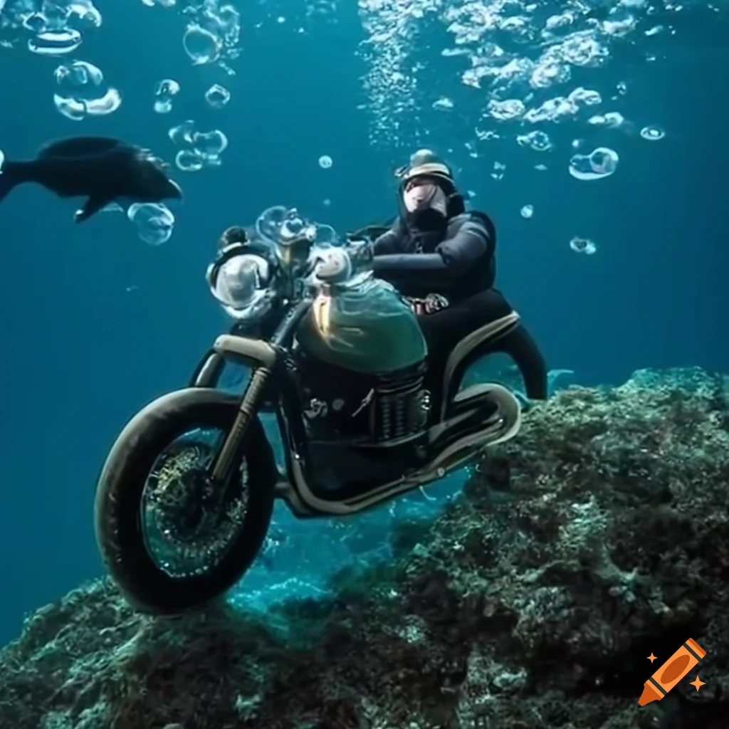 Moto Guzzi V7 ridden by a scuba diver underwater surrounded by fish and bubbles