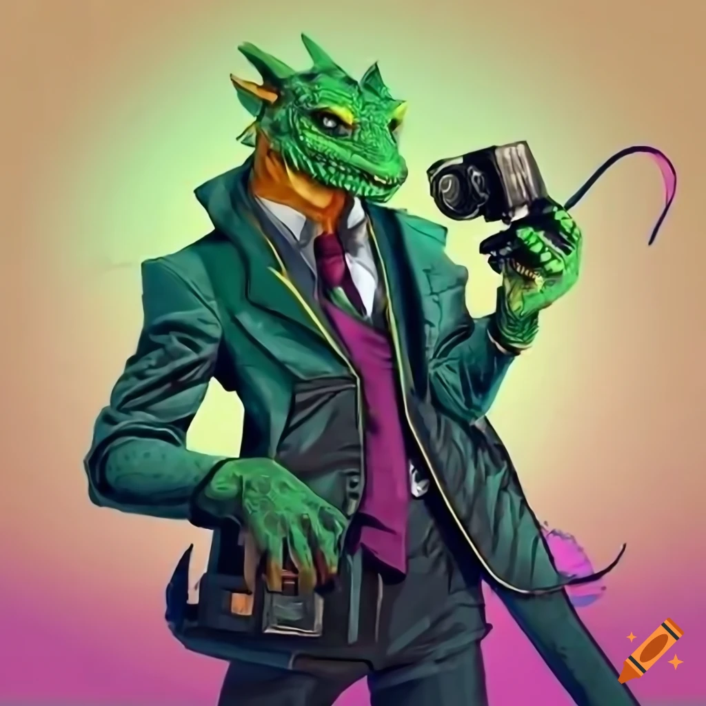 Cyberpunk Lizard Detective with a camera