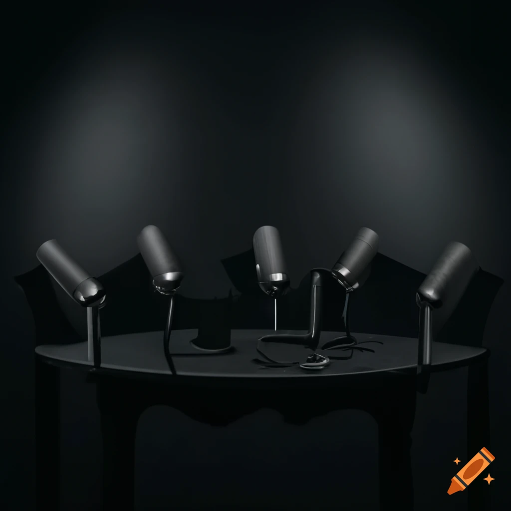 Round table with multiple microphones in a dark room