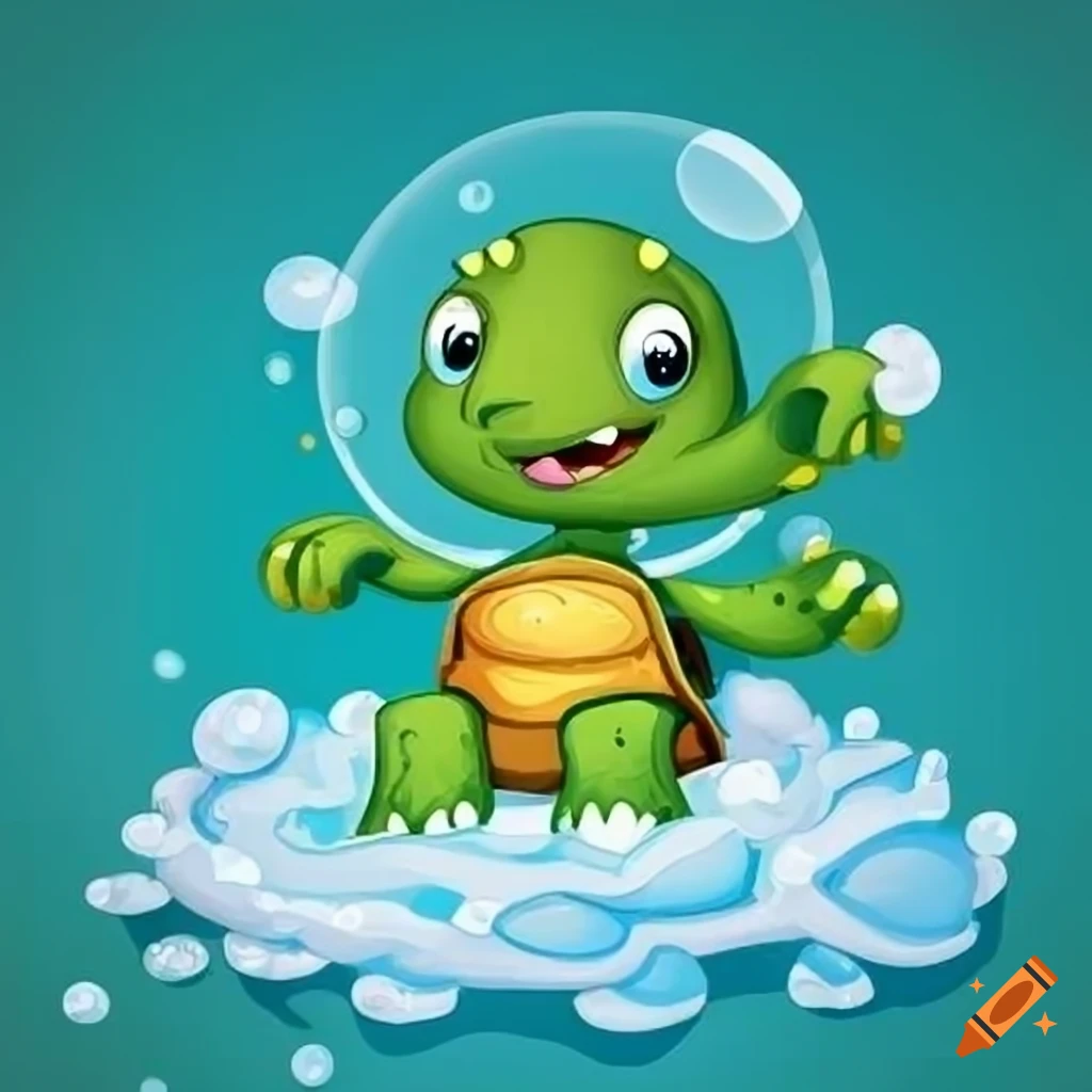 Happy turtle playing in a bubble bath