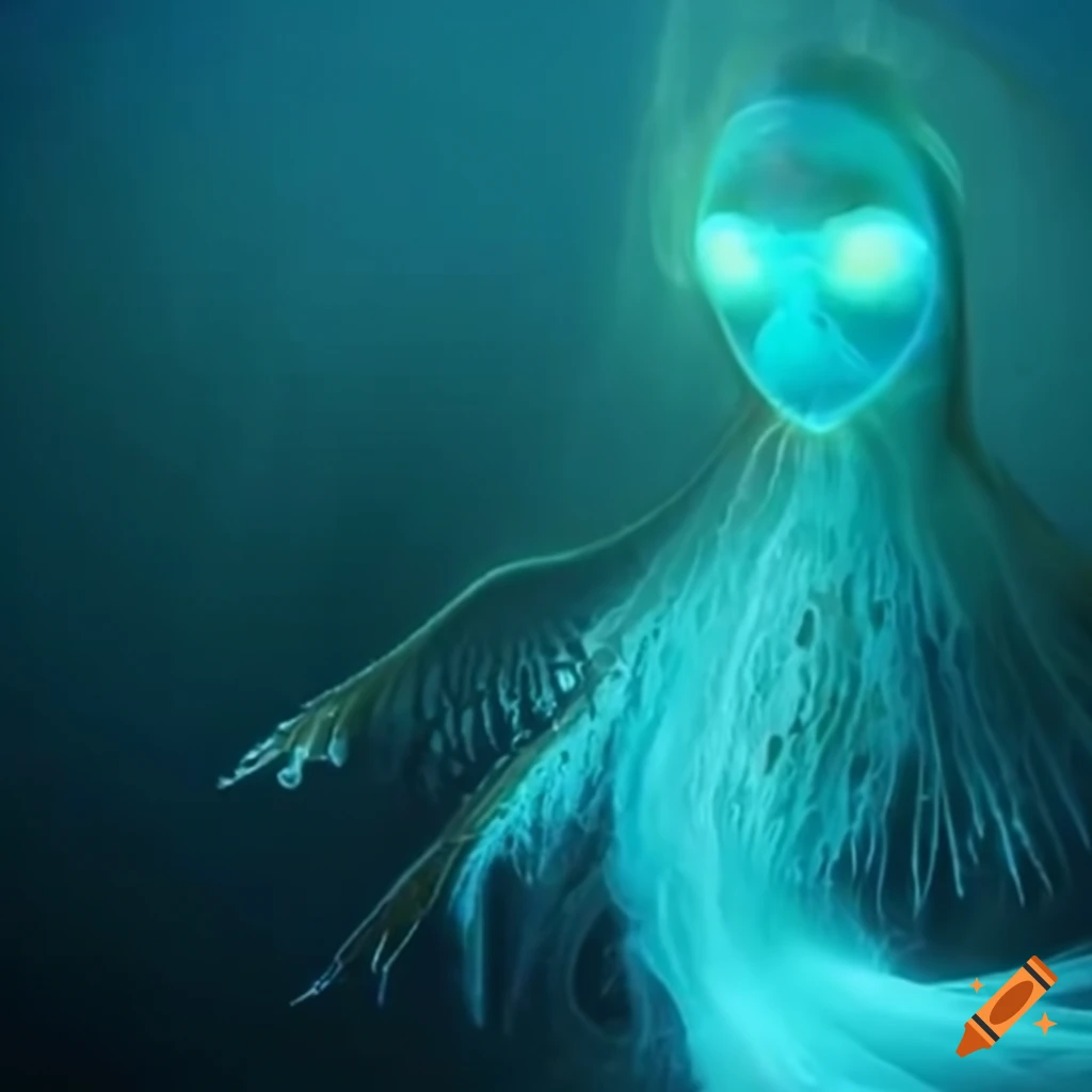 Spirit water creatures with glowing eyes swimming under the waves