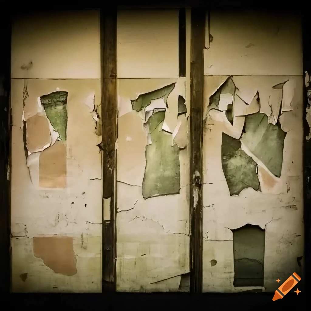 Close up of peeling concert posters on an abandoned wall with pale tan and olive green colors