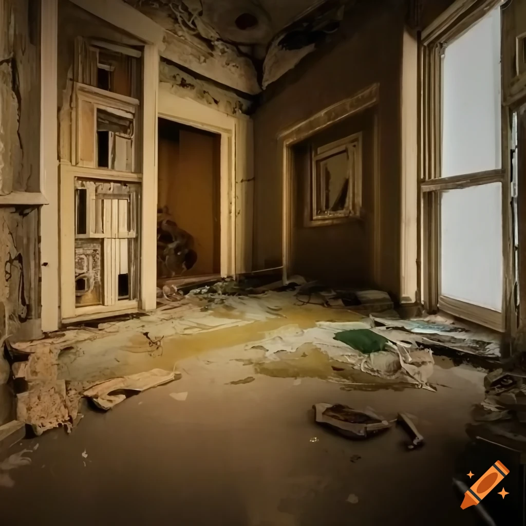 Abandoned flooded basement room with built-in cabinets and peeling pastel paint