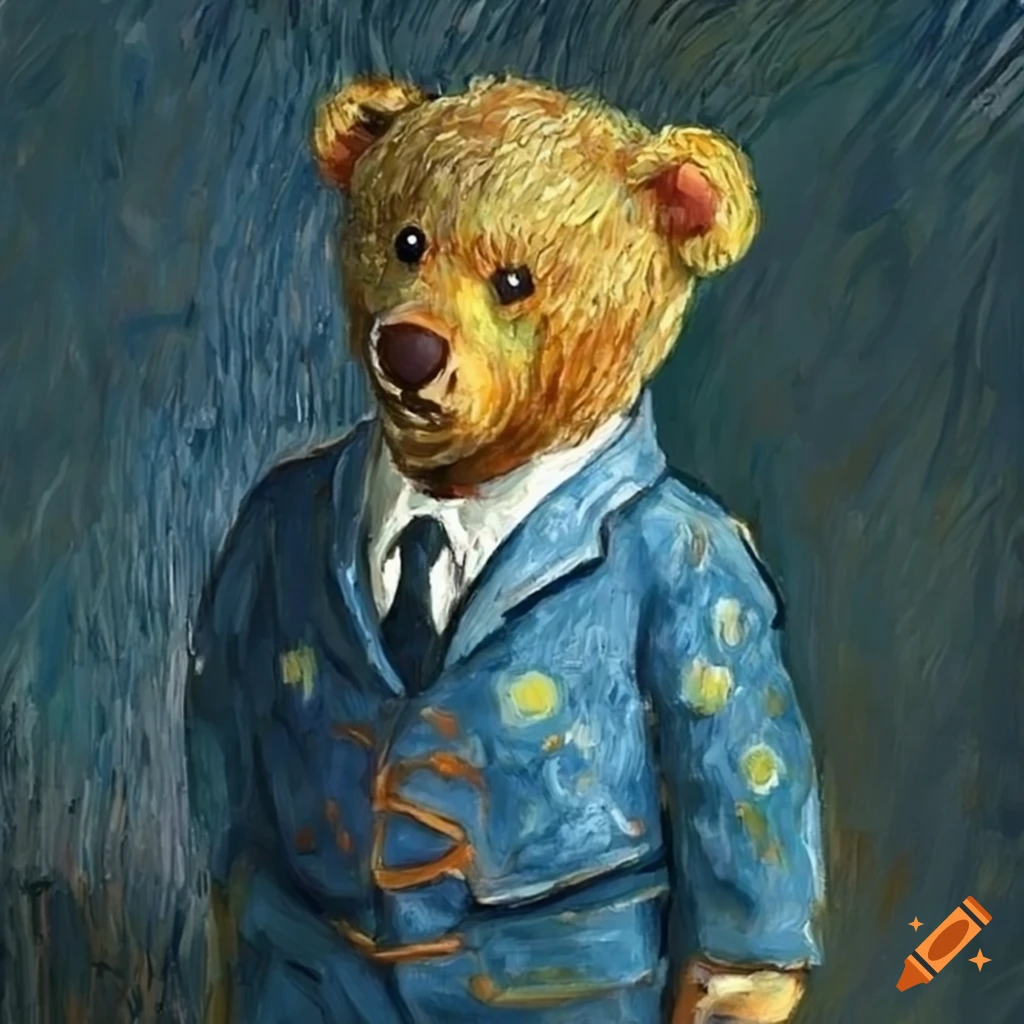 Teddy bear wearing a suit in the style of Van Gogh