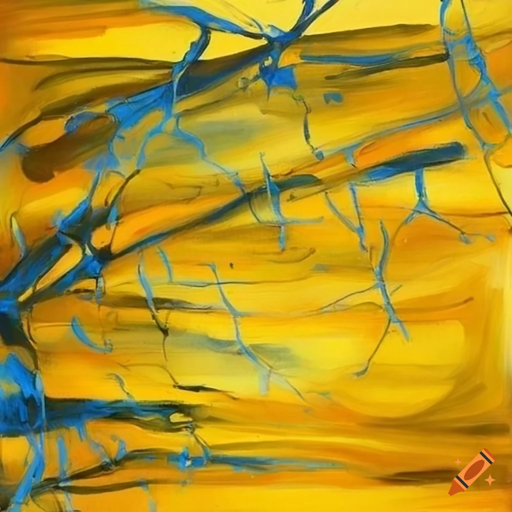 Abstract painting with lines and twigs in blues, grays, and yellows on