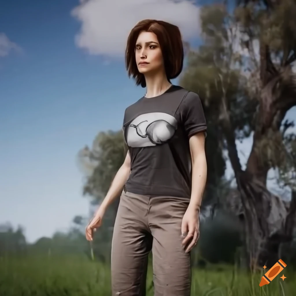 Sci-fi woman in t-shirt and pants standing in meadow with Australian tree and cloudy sky