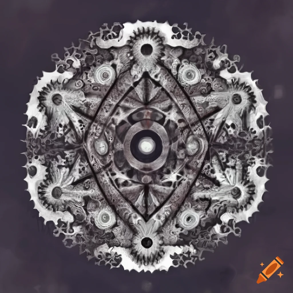 Hand-drawn black and white esoteric diagram with non-euclidean architecture and fractal elements